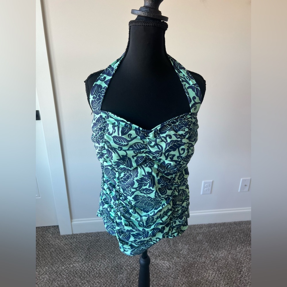 Lands' End Mint green and Navy Floral Swimsuit Halter Top Size 14